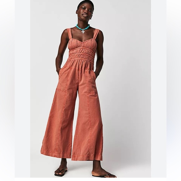 Free People Pants - Free People Women’s L “After All” Runched One Piece Bohemian Jumper in Cinnamon